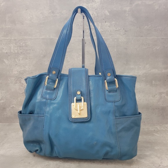 Michael Kors Tote Handbag Blue Leather Satchel Shoulder Bag Gold Hardware Hobo - Picture 1 of 14